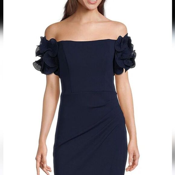 XscapeRosette Off-the-Shoulder Short Sleeve Ruffle Ruched Waist Gown Size 12 NWT - Picture 4 of 11